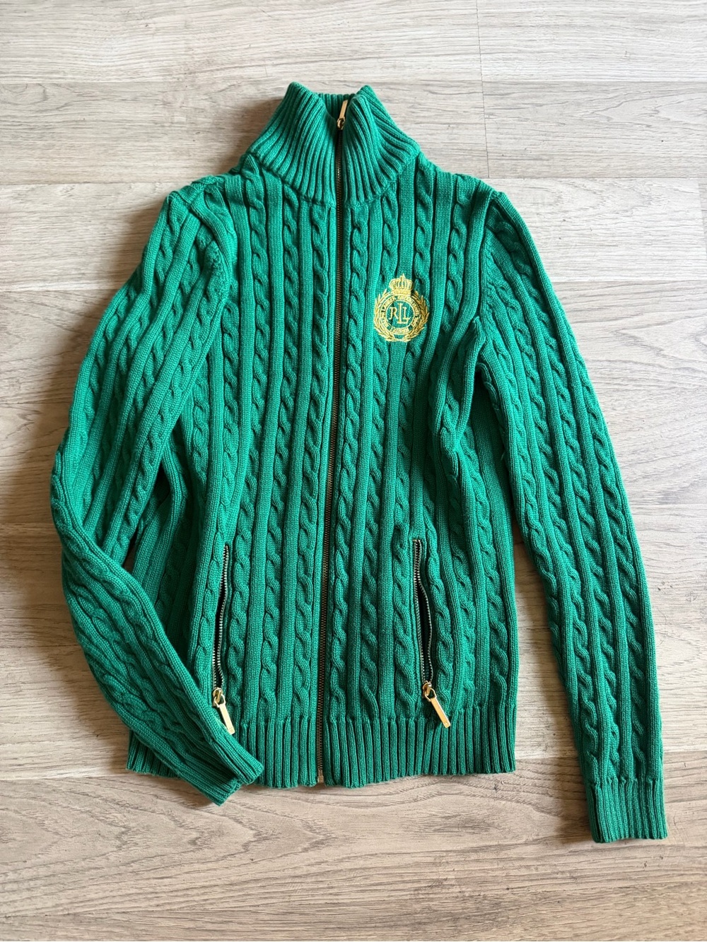 Vintage Ralph Lauren Green Cable-Knit Zip-Up Sweater